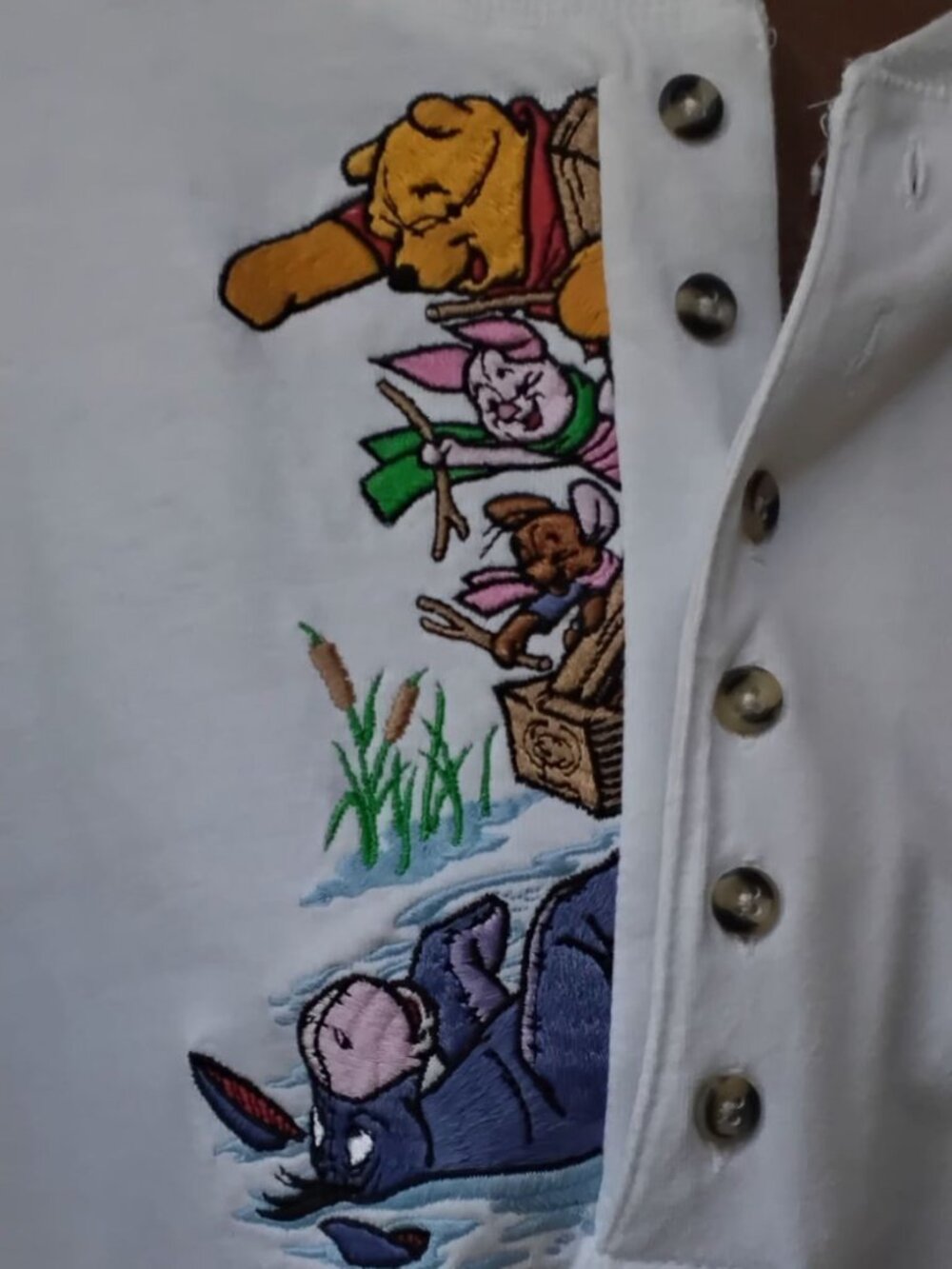 Vintage 1990s Disney Store Winnie the Pooh Embroidered Henley Long Sleeve Tee